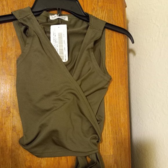 NWT Olive Green Cropped Jersey Wrap Top Y2K 90s One Size - Picture 8 of 12